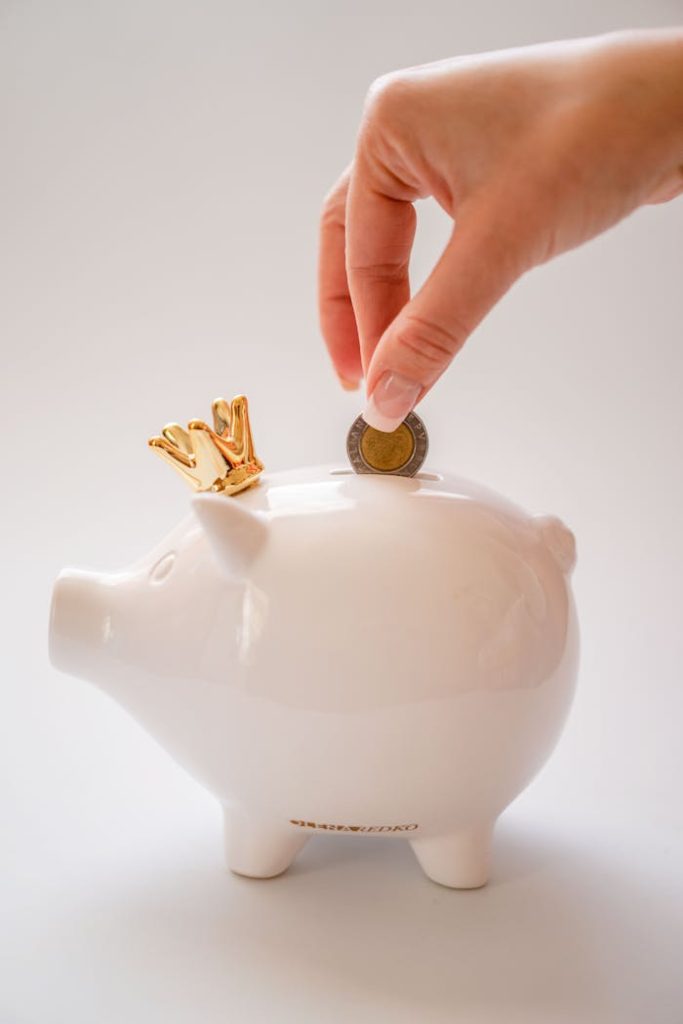 hand-putting-coins-into-a-piggy-bank-12969361 A hand deposits a coin into a white piggy bank with a golden crown, symbolizing savings.